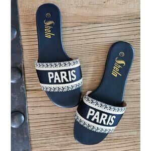 Shein Paris Black and Gold Slides sz 7.5